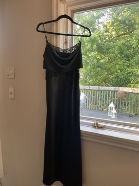 Satin Black Midi Slip Dress with Lace Trim